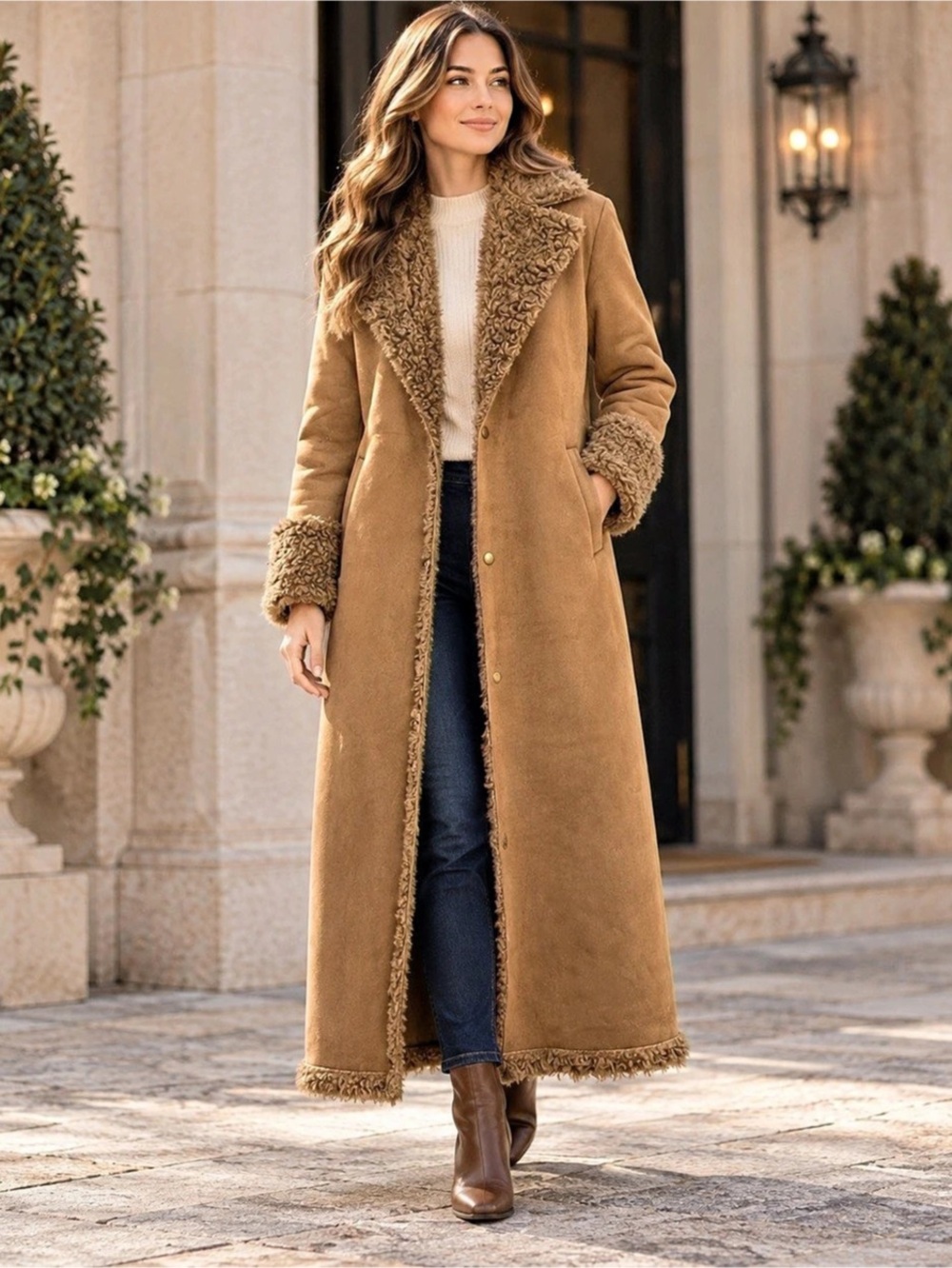 Camel Brown Faux Suede Maxi Penny Lane Coat Shearling Trim Boho